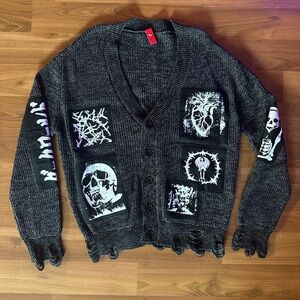 Unisex Grey Skull Heart Patch Destructed Cardigan Graphic Sweater
